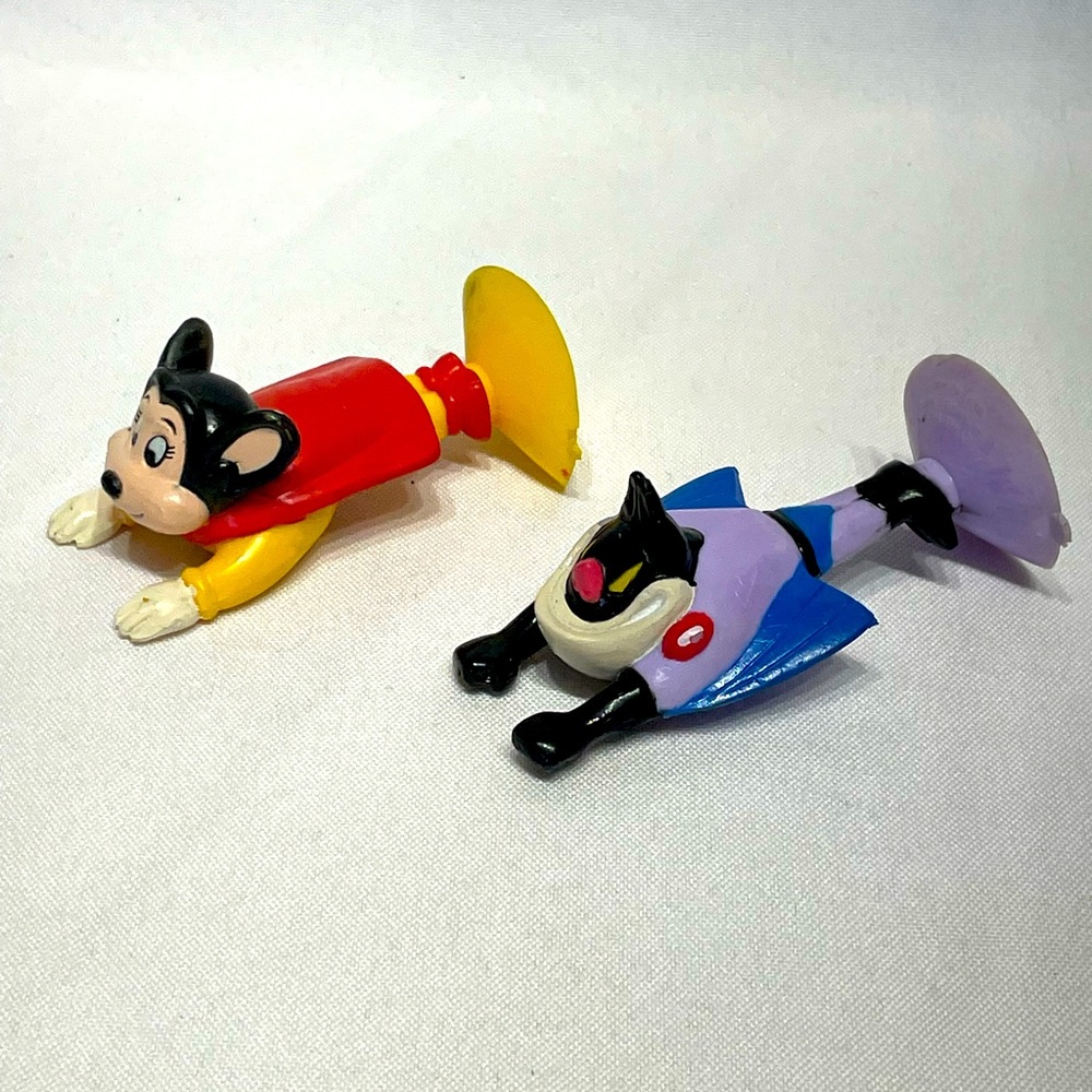 Vintage Mighty Mouse & Bat Bat Window Suction Toy Figures Set Good Condition